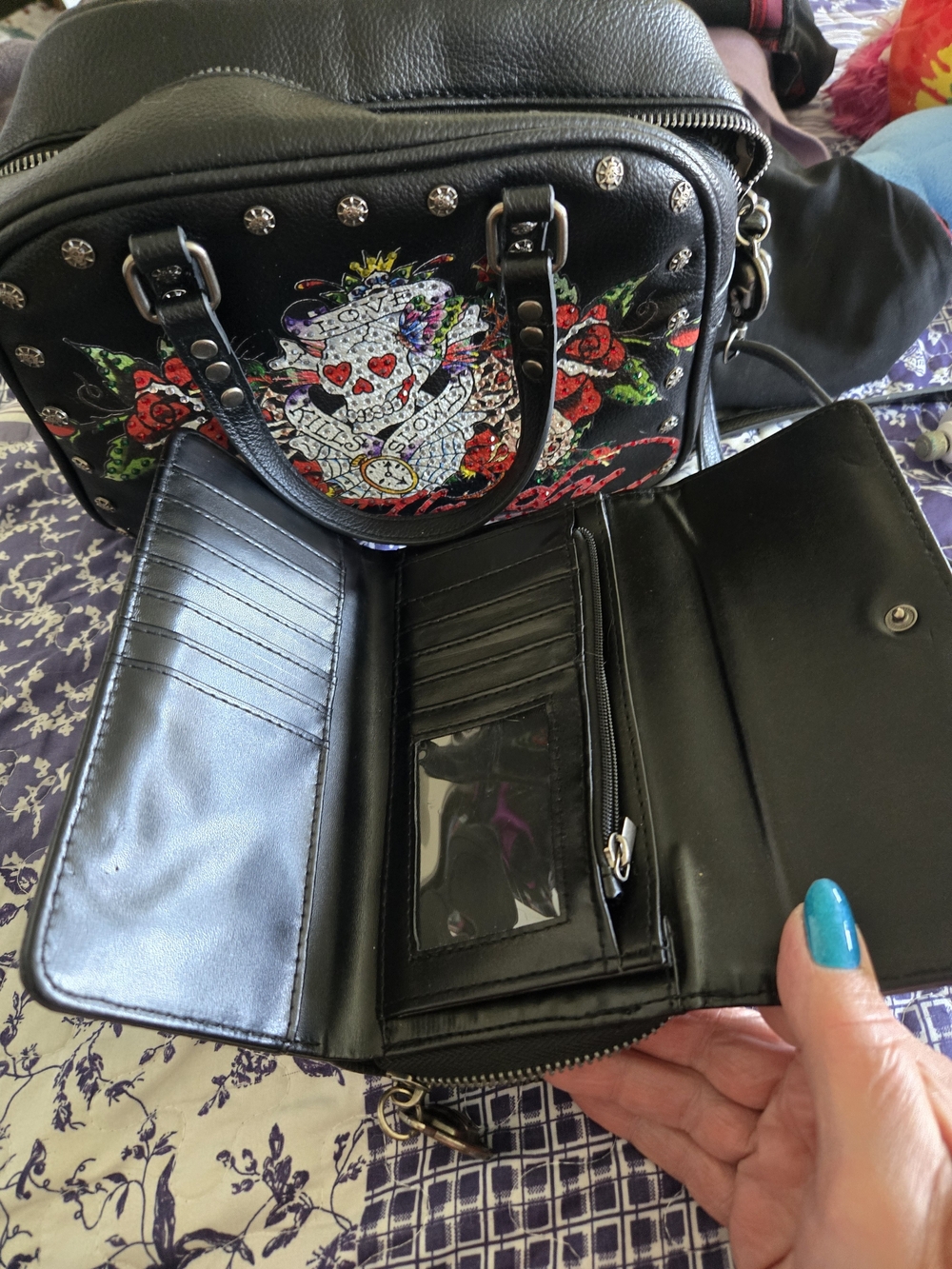 Ed Hardy Black Satchel & Matching Wallet w/ Colorful Skull and Rose Embroidery. - Picture 3 of 5